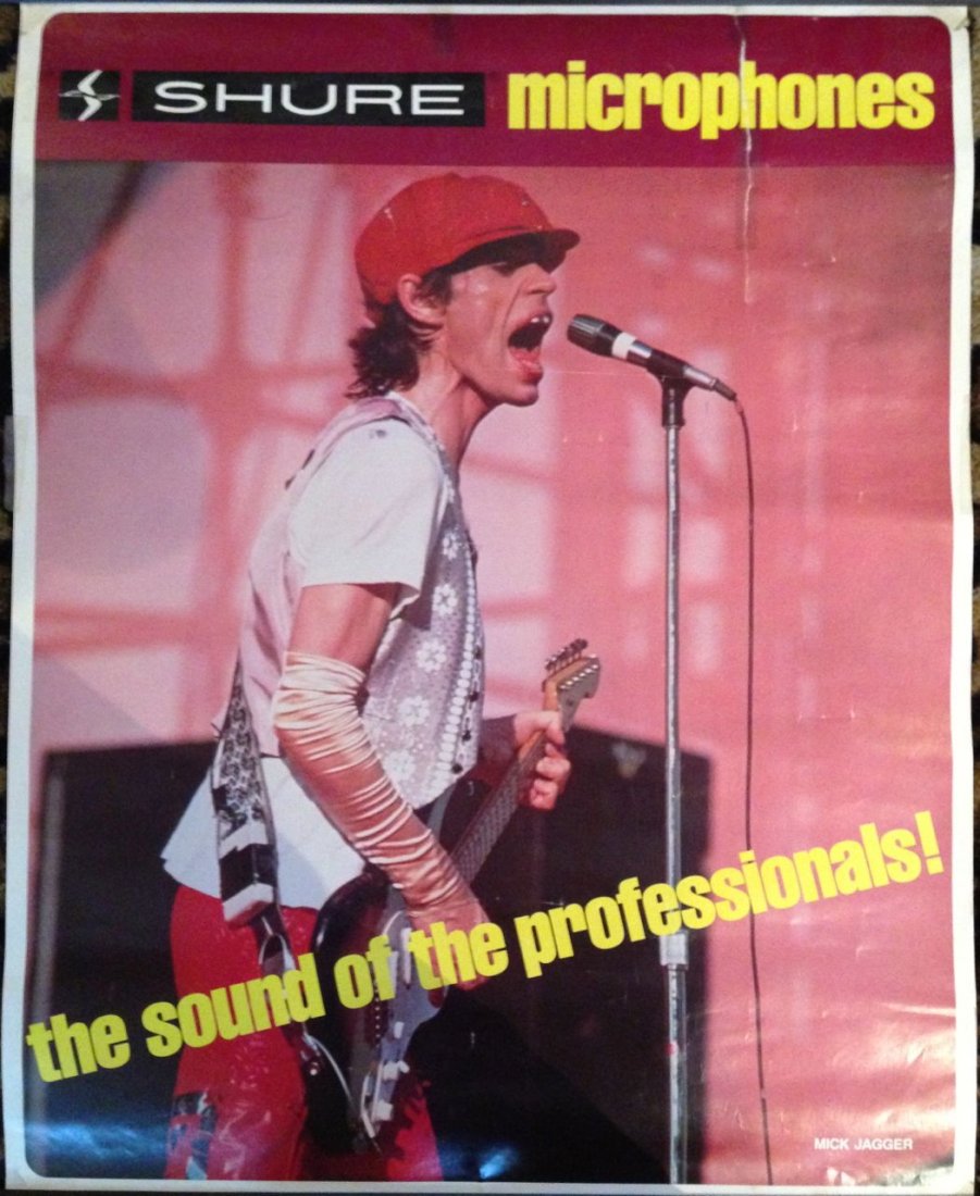 MICK JAGGER - SHURE MICROPHONES PROMO POSTER: EARLY MICK JAGGER - SHURE MICROPHONES PROMO POSTER. Corners have tack marks and poster has pen writing on it.
