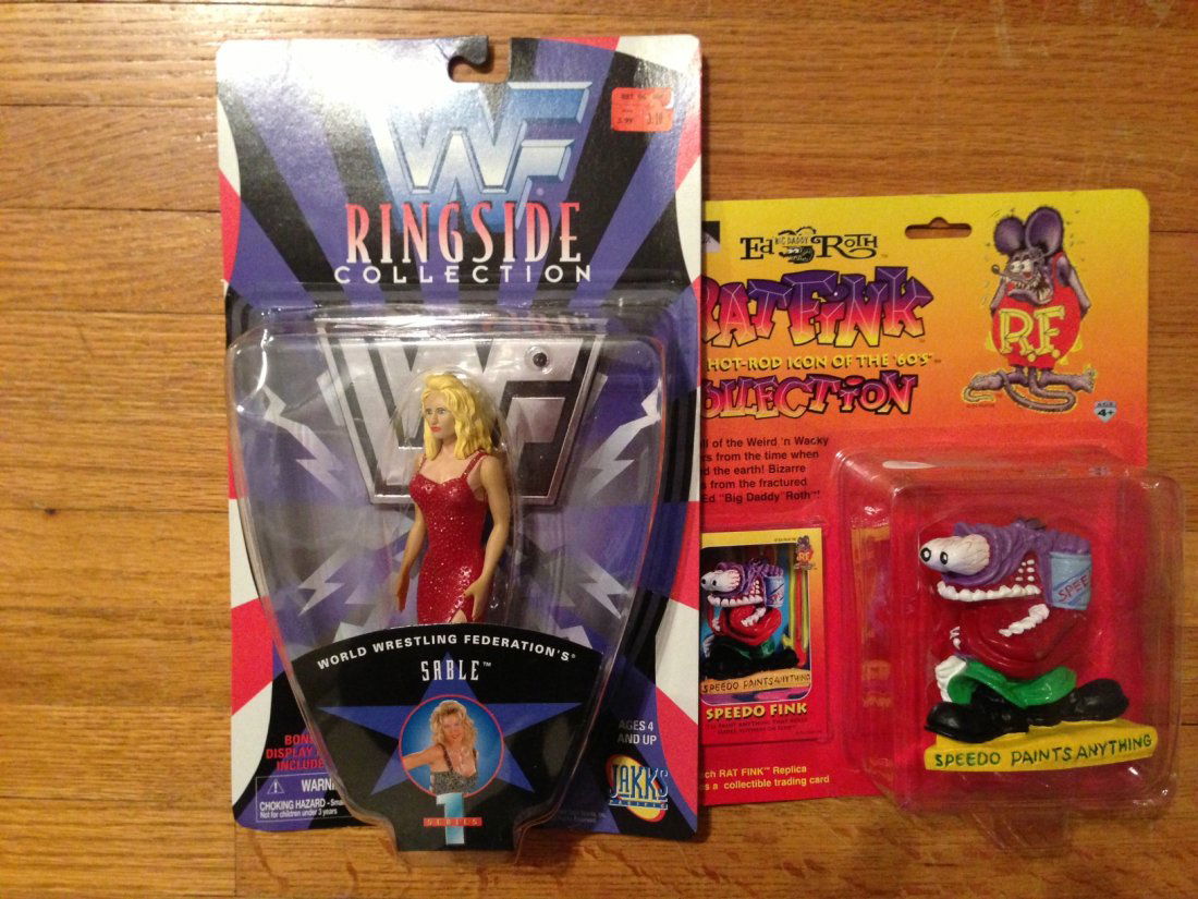 RAT FINK SPEEDO AND WF STAR SABLE FIGURES: Big Daddy Ed Roth Rat Fink Speedo Fink Resin Figure by shadowbox 1999. In the fashion of the ODD ROD collectibles. WWF Ringside Collection - SABLE. WWF / WWE - 1997 - Ringside Collection - Series 1 -