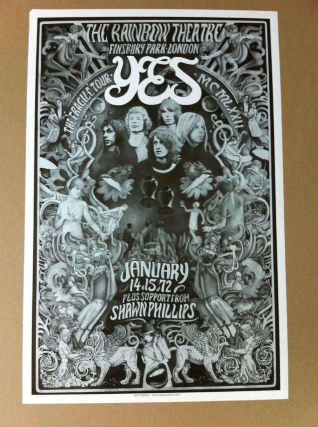YES - At the Rainbow Theater: From the Rainbow Theater in London, 1969. Reprinted later in 2003. Poster by Steve Harradine - in the same style as the George Harrison silver-tone poster. This was the Fragile Tour and is featured in