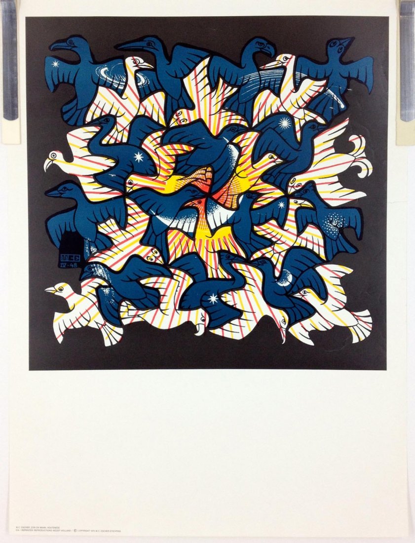 1970 M.C. Escher Foundation Print - Zon En Maan: M.C. Escher 1970 Reprinter Reproductions Wezep Holland - Zon En Maan, Houtsnede. This reproduction was printed in Holland in the early 1970s under the direction of the M.C. Escher Foundation. Text i