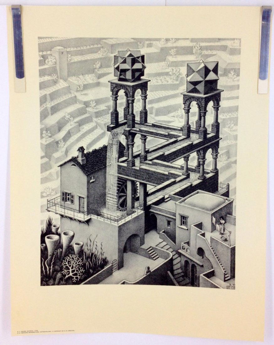 1970 M.C. Escher Foundation Print - Waterval: M.C. Escher 1971 Reprinter Reproductions Wezep Holland - Waterval, Litho This reproduction was printed in Holland in the early 1970s under the direction of the M.C. Escher Foundation. Text in lower-le