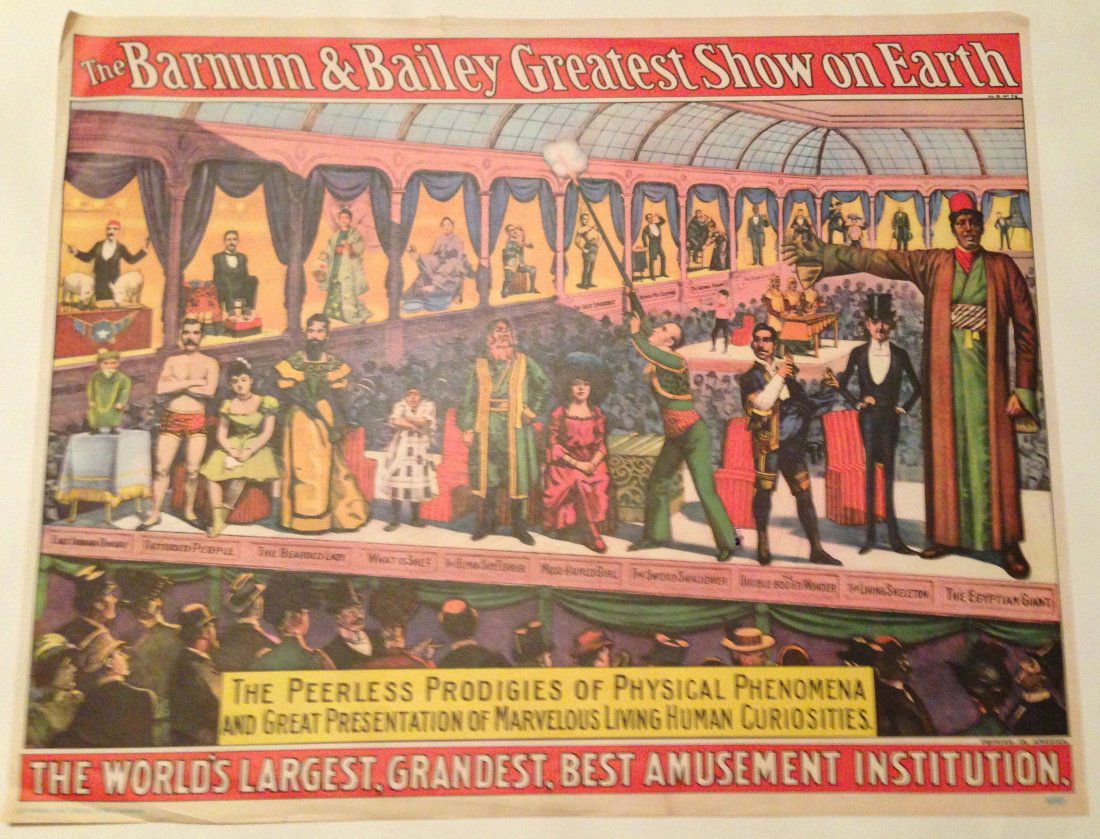 1960 Barnum & Bailey Circus FREAK Poster: 1960 Barnum & Bailey Circus FREAK Poster. Original from 1960. Features multiple characters from the freak show including Bearded Lady, The Human SkyeTerrier, Moss-Haired Girl, The Sword Swalloer and t