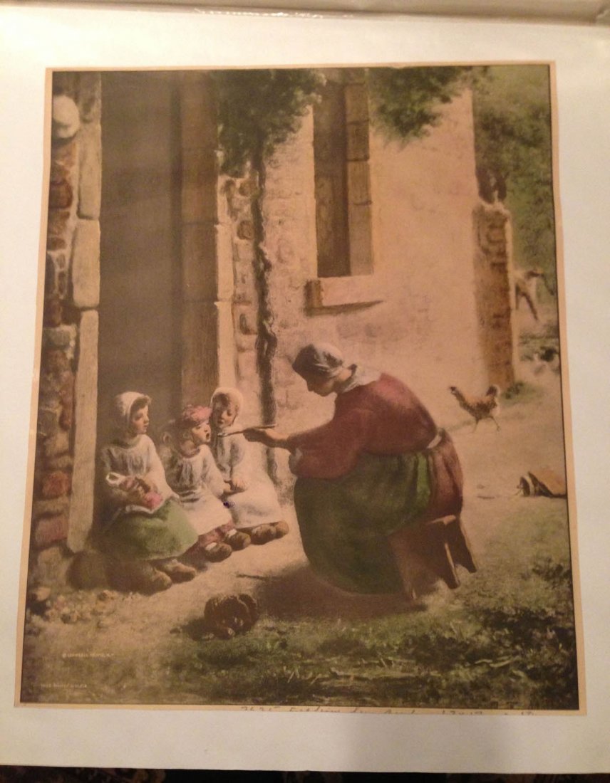 Feeding Her Birds - print for text book: Feeding Her Birds - print. approx 14" x 10". Campbell Prints. N.Y. 7635 Printed in USA. FEEDING HER BIRDS Original Picture: Lille Museum, Lille, France. Artist: Jean François Millet (zhäN fräN´sw�