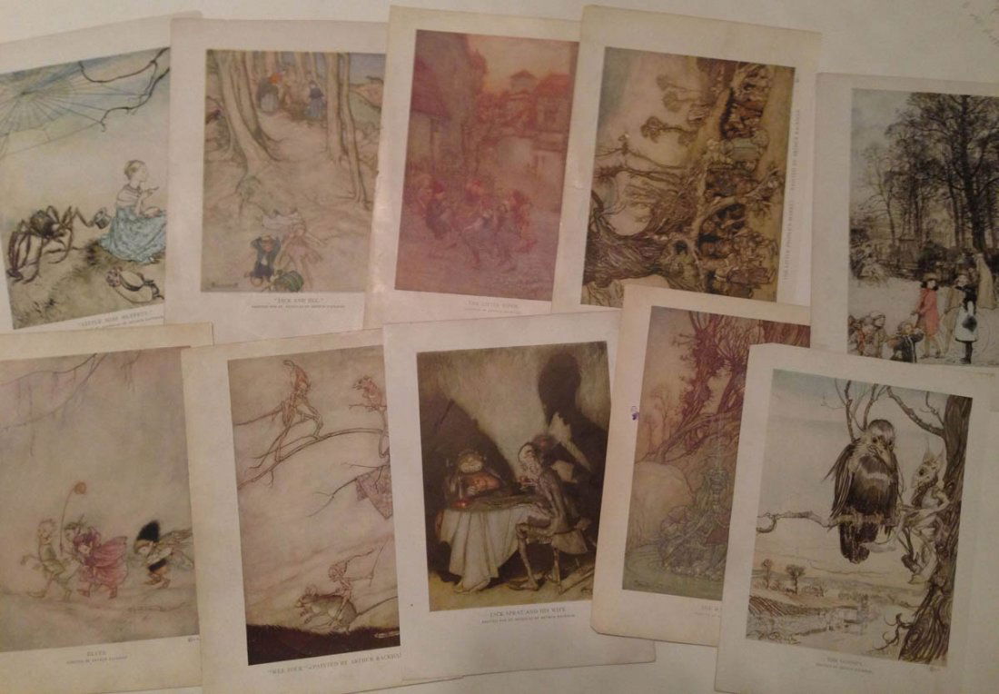 Large Lot Of Children's Book Prints / Pages: Large Lot Of Childrens Book Plate Prints including over 30 pages from Alice in Wonderland and many other childrens books. Described below: 33 total pages in lot. Arthur Rackham ELVES Wee Folk Jack Spr