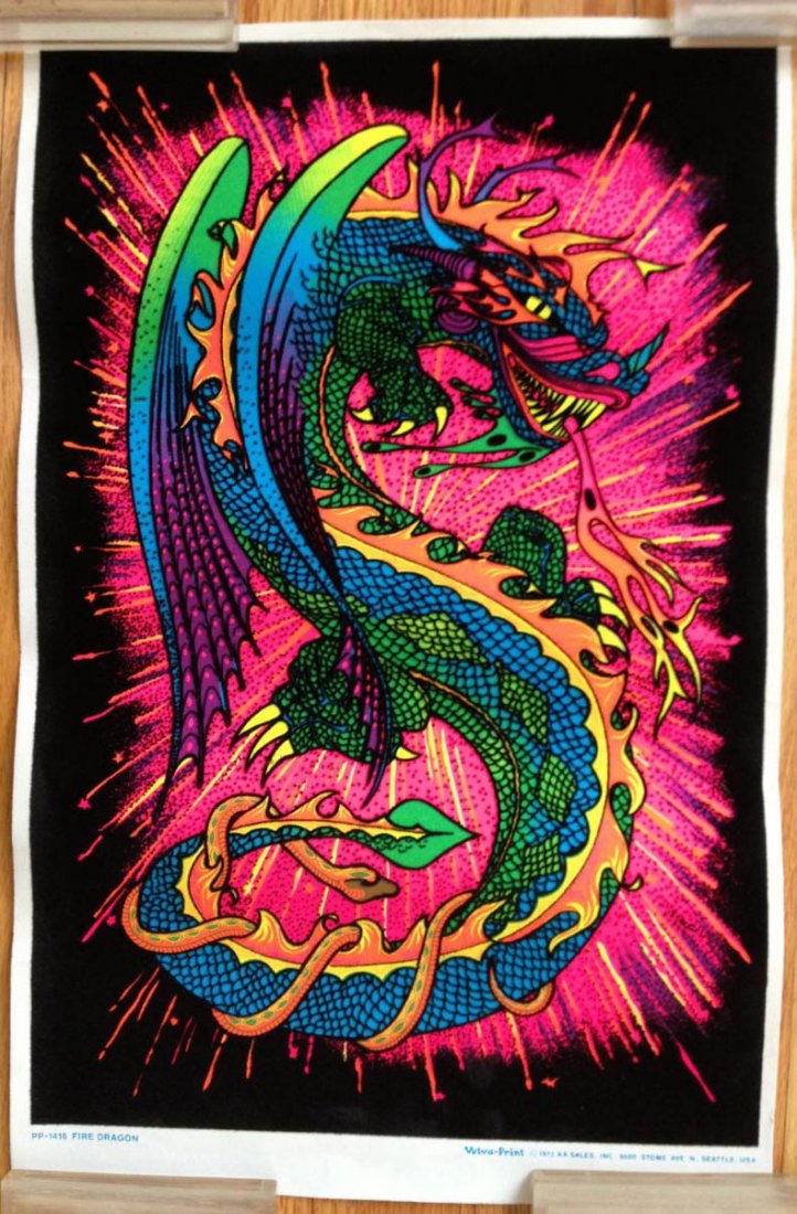 Fire Dragon Blacklight Poster - 1972: Fire Dragon Black light Poster - 1972 PP-1416 Fire Dragon. Velva-Print 1972 - AA Sales Inc. 9600 Stone Ave. N. Seattle USA 16-1/2" x 11 Near MINT condition.