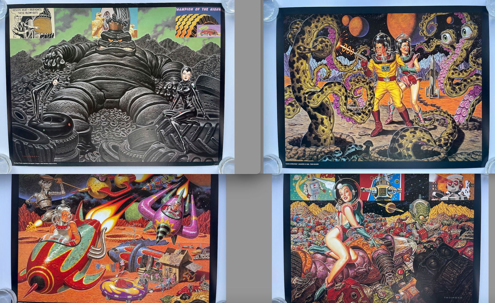 Todd Schorr SET OF FOUR (4) FANTASY COSMIC HORROR SCI-FI LITHOS: TODD SCHORR - 1992 LITHO - THE KING OF TIREVILLETODD SCHORR - 1995 LITHO - INTERGALACTIC HOT RODDERSTODD SCHORR - 1995 LITHO - ALIEN ALTERCATIONTODD SCHORR - 1995 LITHO - THE PLANET OF LOST ROBOTS