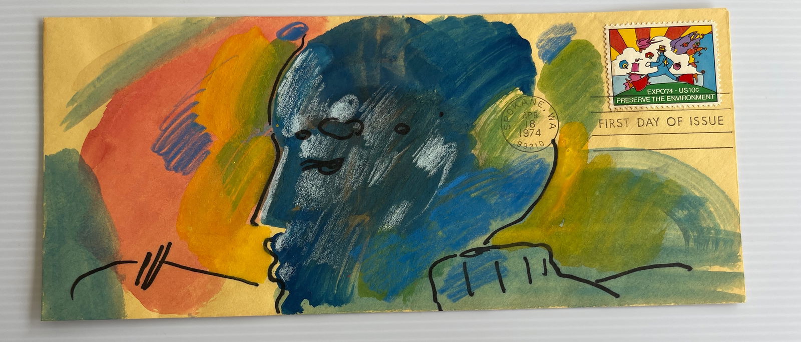 RARE ONE OF A KIND PETER MAX DRAWING ON FIRST DAY ISSUE STAMP ENVELOPE (1 of 4)