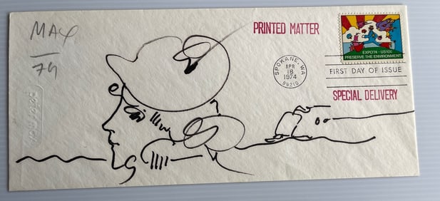 PETER MAX FIRST DAY ISSUE STAMP AND ORIGINAL ART