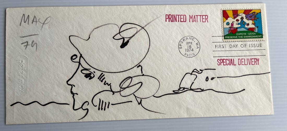 PETER MAX FIRST DAY ISSUE STAMP AND ORIGINAL ART: PETER MAX FIRST DAY ISSUE STAMP AND ORIGINAL ART. Hand drawn by Peter Max. 1974 !