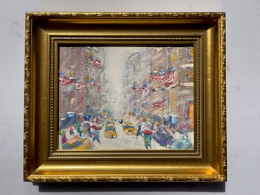JOHN CRIMMINS - 5th AVE NEW YORK CITY OIL ON BOARD