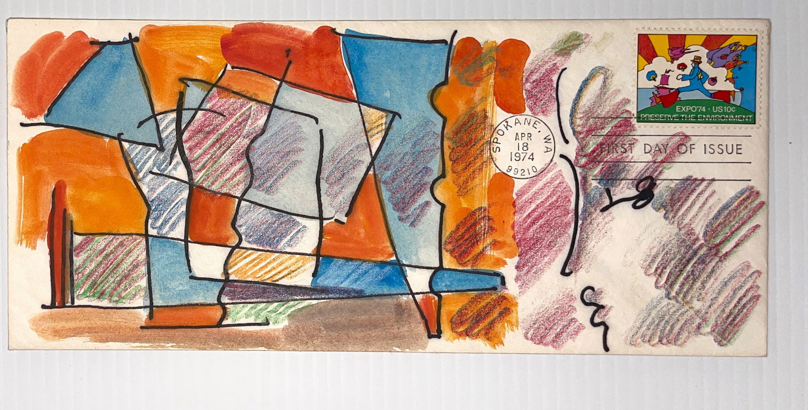 1974 PETER MAX FIRST DAY ISSUE STAMP AND ORIGINAL ART: 1974 PETER MAX FIRST DAY ISSUE STAMP AND ORIGINAL ART by Peter Max. With COA from Peter’s 50 year business partner. Envelope is 9 x 4 and has original color drawing by Peter Max. 1974 First Day issu