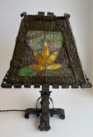 ARTS AND CRAFTS HAMMERED COPPER AND LEADED GLASS LAMP
