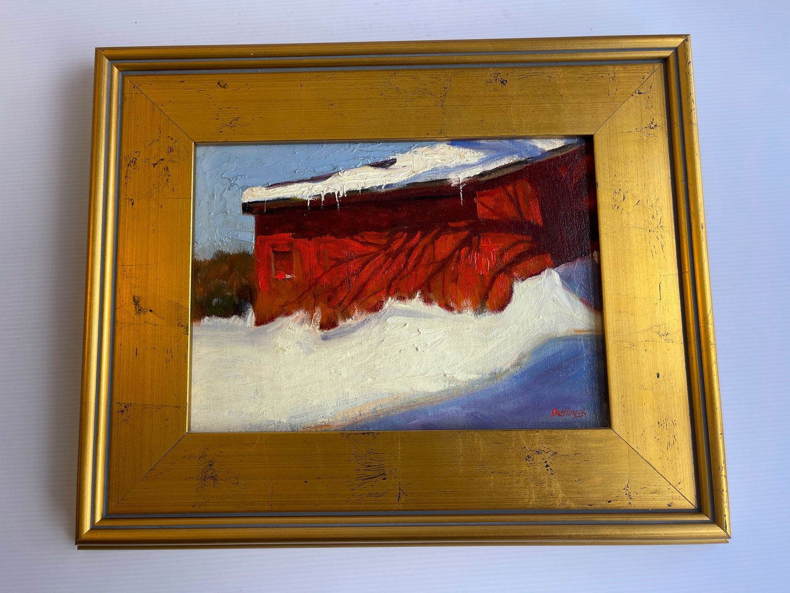 JAYNE BELLOWS HOUSE IN WINTER OIL PAINTING: JAYNE BELLOWS HOUSE IN WINTER OIL PAINTING. ART IS 10.5 X 8. FRAME IS 16 X 14. Jayne Bellows is an American painter who was born in 1954. Bellows is an artist trained in the study of the human figure,