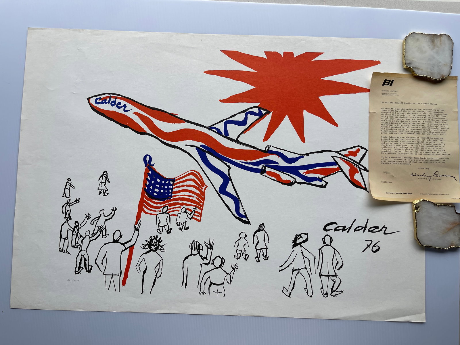 ALEXANDER CALDER - BRANIFF LITHO WITH LETTER: ALEXANDER CALDER - BRANIFF LITHO WITH LETTER. LETTER OF PROVENANCE. 1976. SIGNED IN PLATE. WITH LETTER FROM HARDING L. LAWRENCE. As Braniff's participation in the celebration of the 200th birthday of