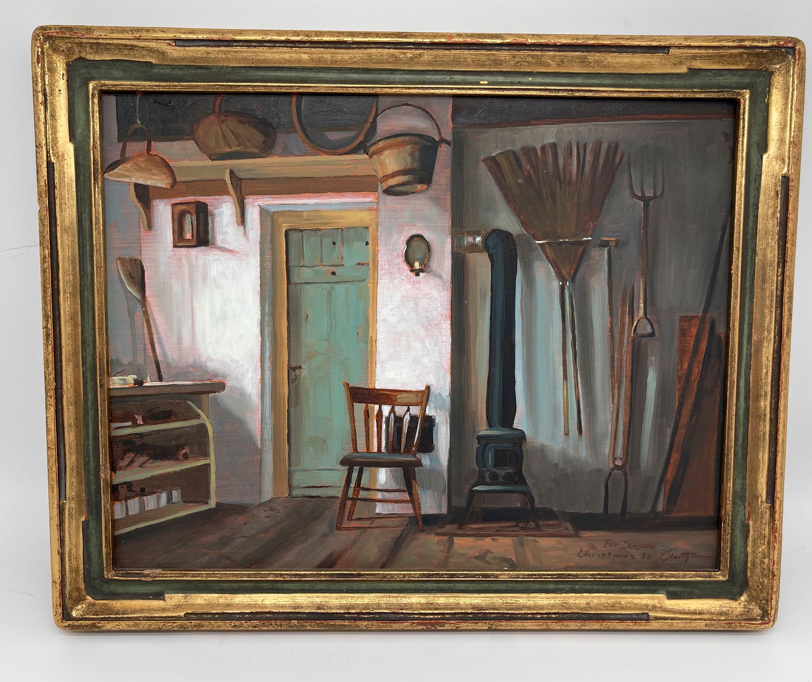 PETER SCULTHORPE OIL ON ARTIST BOARD: PETER SCULTHORPE OIL ON ARTIST BOARD. POTTING SHED INTERIOR. ART IS 8.75 X 7. FRAME IS 10 X 8.5. INSCRIBED LOWER RIGHT. TO SUSAN. CHRISTMAS 1992. SIGNED BY ARTIST. THIS ARTIST IS KNOWN FOR HIS WATERCO