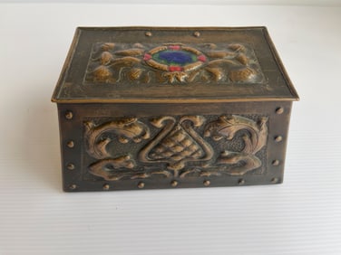 ARTS AND CRAFTS copper and enamel Hammered Jewelry box