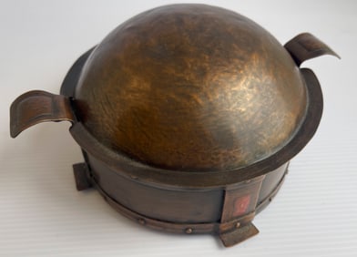ENGLISH ARTS & CRAFTS HAMMERED COPPER AND ENAMEL BUN WARMER