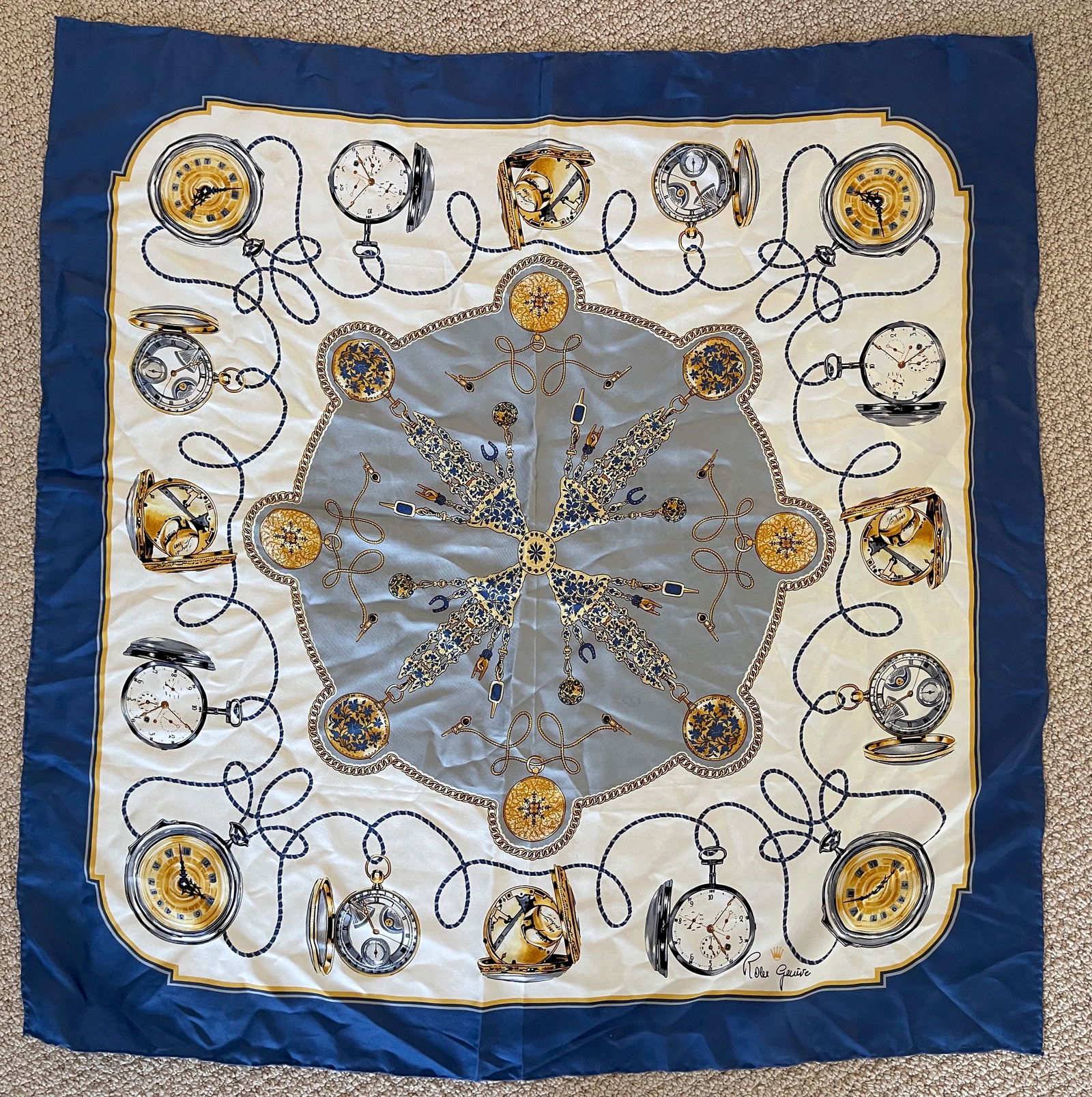 ROLEX SILK SCARF: ROLEX SWISS SILK POCKET WATCH SILK PRINT - 100% SILK. ORIGINAL. ABOUT 35” X 35”. VINTAGE.