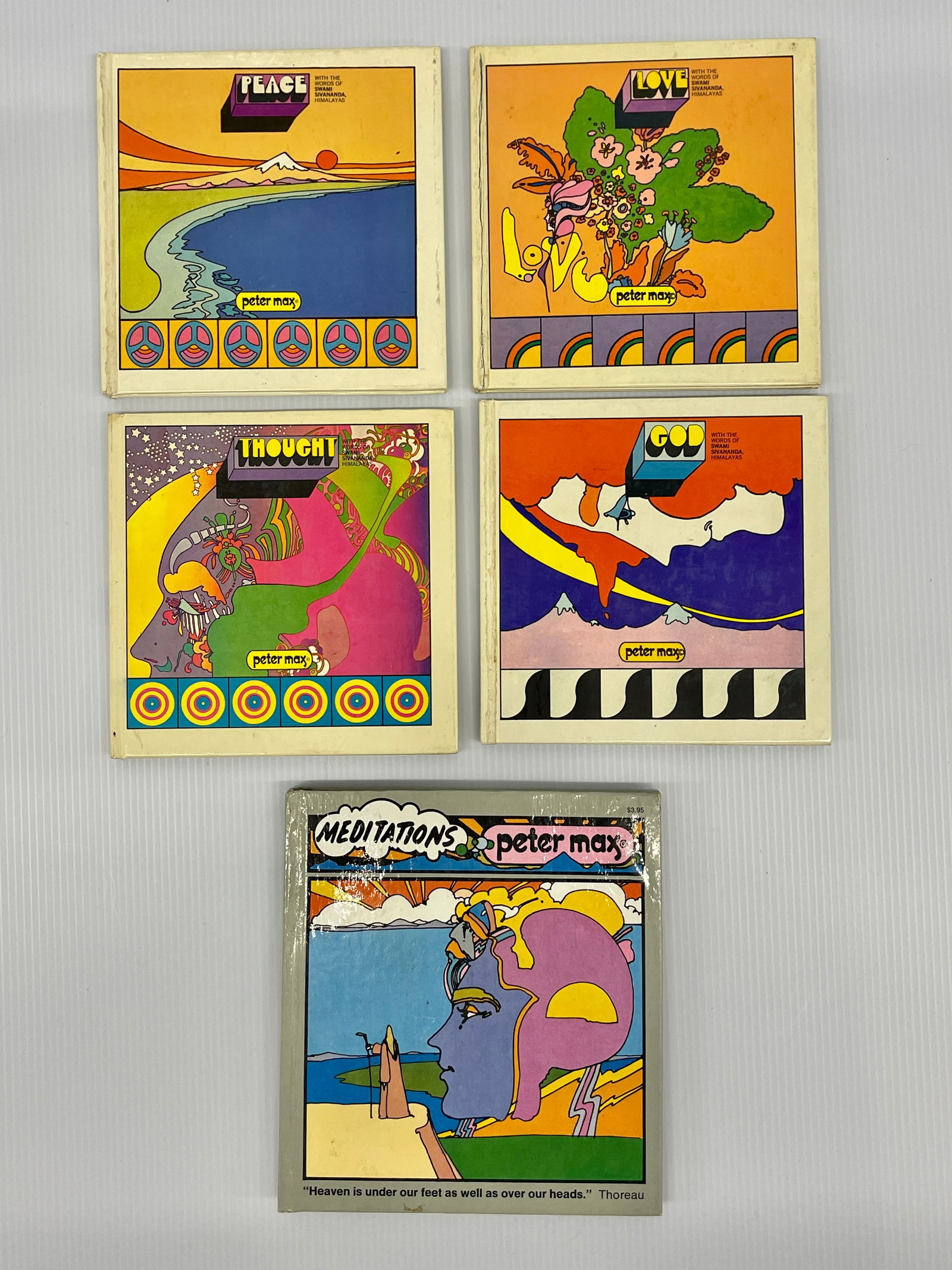 PETER MAX VINTAGE BOOK COLLECTION: PETER MAX BOOK COLLECTION. OWNED BY PETER MAX'S 45 YEAR BUSINESS PARTNER. BOKS INCLUDED: LOVE - PEACE - GOD - THOUGHT - AND MEDITATIONS. 1970s. hardcover versions. (With the Words of Swami Sivananda,