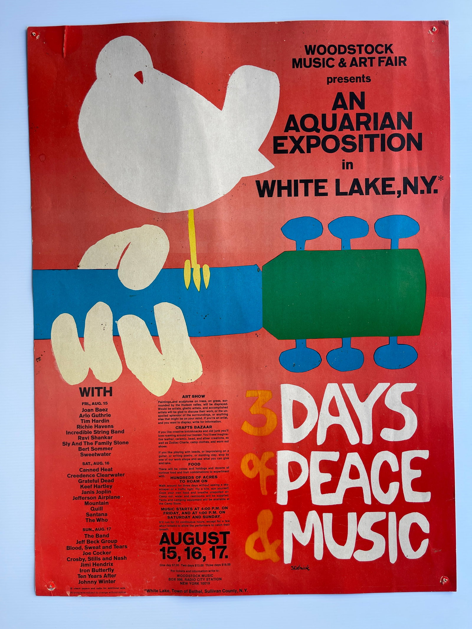 ORIGINAL FIRST PRESSING WOODSTOCK POSTER - SMALL VERSION: ORIGINAL FIRST PRESSING WOODSTOCK POSTER - SMALL VERSION. ORIGINAL OP1 SMALL VERSION. Pinholes. Slight creasing / fading. Art by Arnold skolnick - a personal friend who gifted this to us from his pers