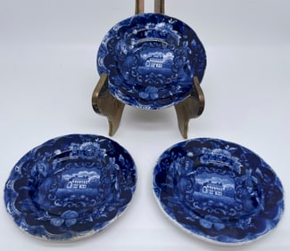 THREE CLEWS HISTORIC BLUE STAFFORDSHIRE STATES CUP PLATES