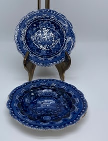 TWO CLEWS HISTORIC BLUE STAFFORDSHIRE STATES CUP PLATES