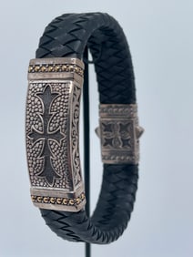 BroManse Sterling Silver Tribal Cross Leather  Bracelet