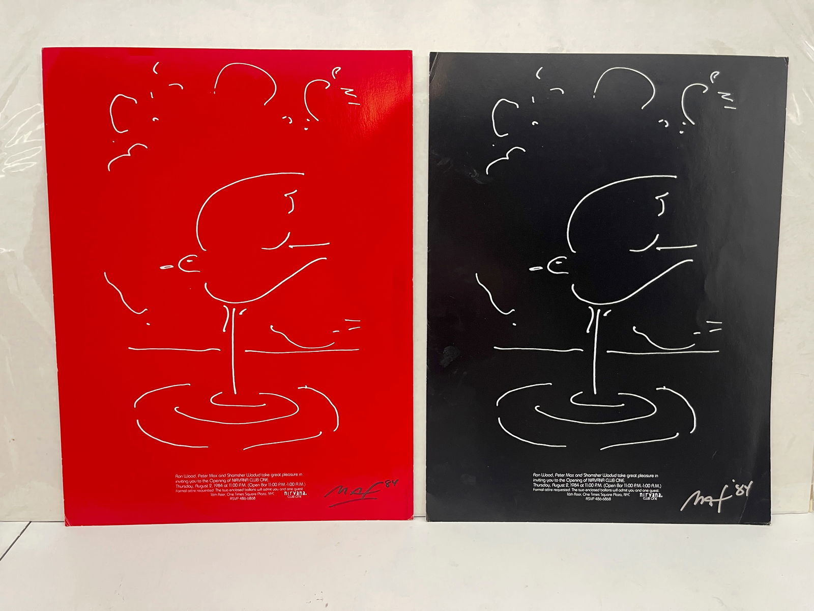 ULTIMATE RARE PETER MAX NIRVANA CLUB ONE POSTER INVITES - SET: ULTIMATE RARE PETER MAX GRAND OPENING NIRVANA CLUB ONE POSTER INVITES. Original 15" x 20" poster that also serves as an invitation to the GRAND OPENING from Ron Wood, Peter Max & Shamser Wadud to the
