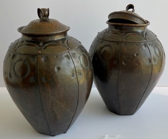 Arts And Crafts Hammered Copper Covered Vases -  set of two