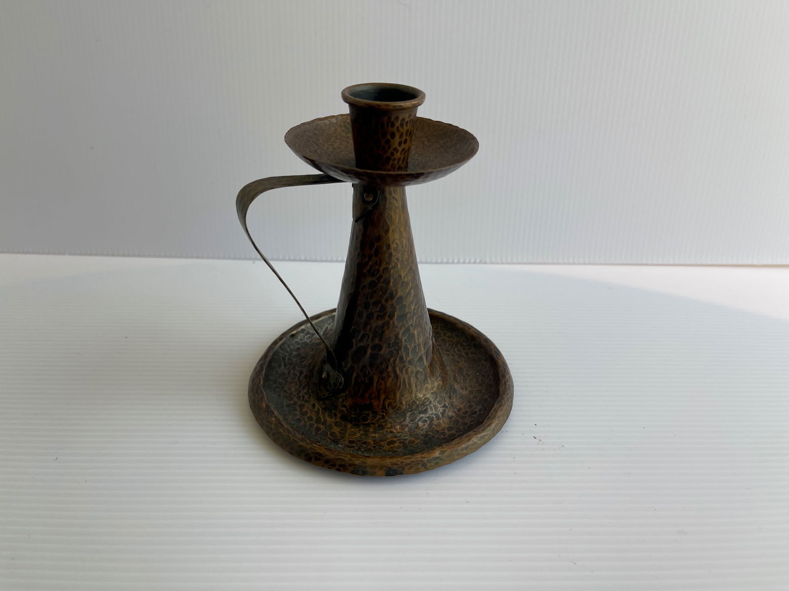 Benedict Studios Hammered Copper Handled Candlestick Holder: Benedict Studios hammered copper handled candlestick holderOriginal patinac19105" tall x 4.5 diameter