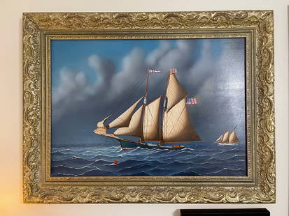 Jerome Howe Oil Painting - "SIREN" Oil on masonite: Jerome Howe Oil PaintingTwo Masted Ship"SIREN" Oil on masoniteNY artist(Born 1955)Sailing ships26 x 19 art34 x 26 frameLargely self-taught, Jerome Howes devoted himself to painting in 1994 and quickly