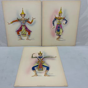 THREE HINDI DANCERS - HAND COLORED TRIPTYCH - 1953
