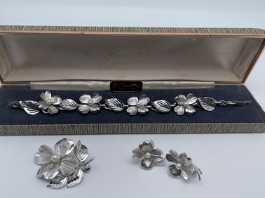 Sterling silver flower and pearl jewelry set with earrings, pin/brooch and bracelet