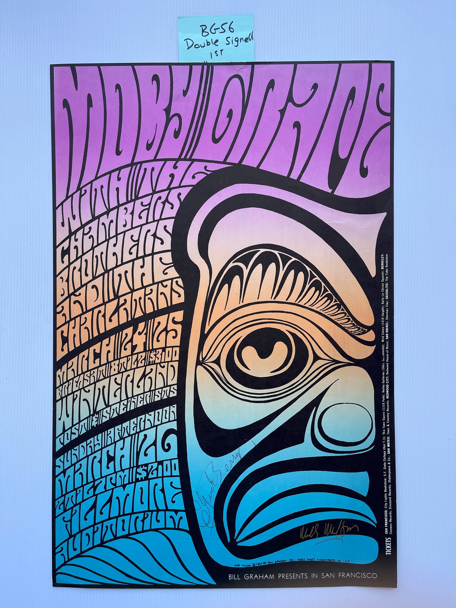 BG56 - MOBY GRAPE - DOUBLE SIGNED. - 1ST: BG56 - MOBY GRAPE - DOUBLE SIGNED BY WES WILSON AND CHUCK BERRY. Wes Wilson was trained as a draftsman and took inspiration for his artwork from many sources. BG056 shows heavy African influence in th