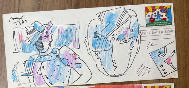 PETER MAX FIRST DAY ISSUE 1974 STAMP WITH ORIGINAL MAX ART !