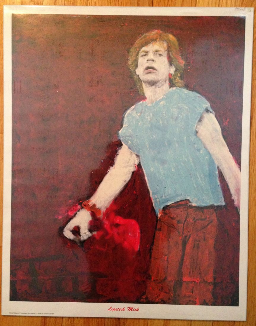 MICK JAGGER - LIPSTICK MICK - ORIGINAL ART: Hand painted photograph of Mick Jagger. Original Art by Tommy E. Smith III. About 11 x 17. Rare art work. Ships flat. About 1972.