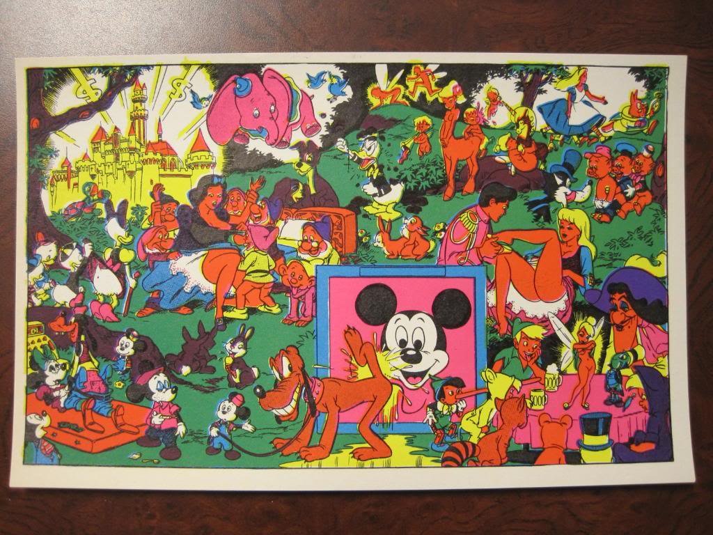 VINTAGE DISNEY CHARACTER BLACKLIGHT BOOTLEG: Vintage Mickey parody 70's Poster original black light. ORIGINAL Late 1970 measures 5" x 8" Mickey parody light poster in NOS unused condition. RARE in this condition. Never used. These were the days 