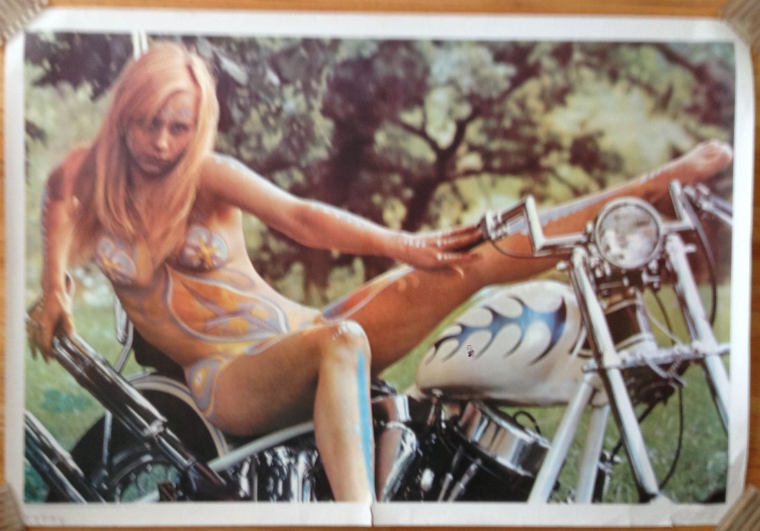 PANDORA PAINTED LADY SERIES - BIKER CHICK 1968: Pandora Productions nude painted ladies series. A woman is on a motorcycle. 1968. Artist: D. Nordahl / Photo by John Nelson. Great condition with the word pandora written on the trim. Large oversized 