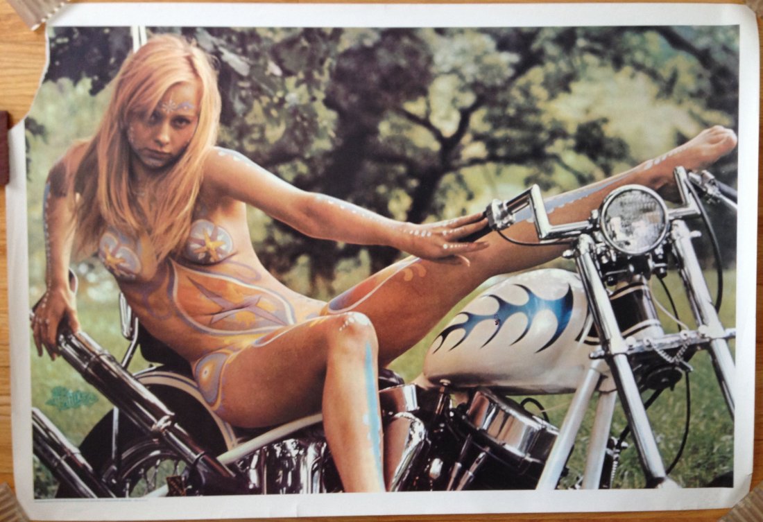 PANDORA PAINTED LADY SERIES - BIKER CHICK 1968: Pandora Productions nude painted ladies series. A woman is on a motorcycle. 1968. Artist: D. Nordahl / Photo by John Nelson. Great condition with the word pandora written on the trim. Large oversized 