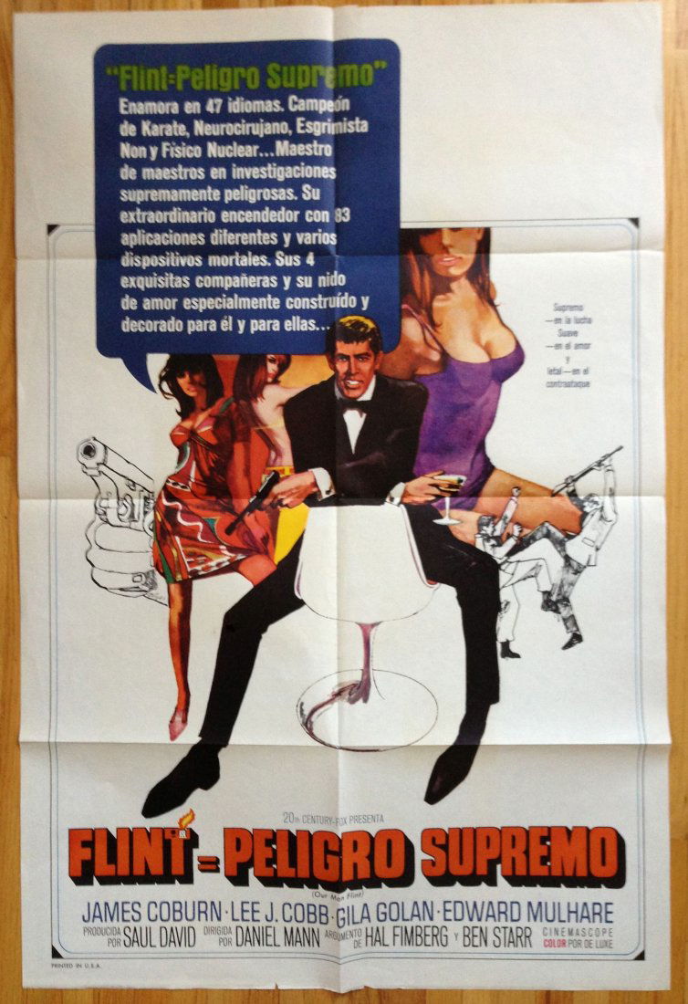 OUR MAN FLINT ! 2 posters: Spanish version of these two posters from this 1966 movie starring James Coburn. Awesome for the vintage 007 James bond collector. You get two posters. Original One-sheet movie posters.
