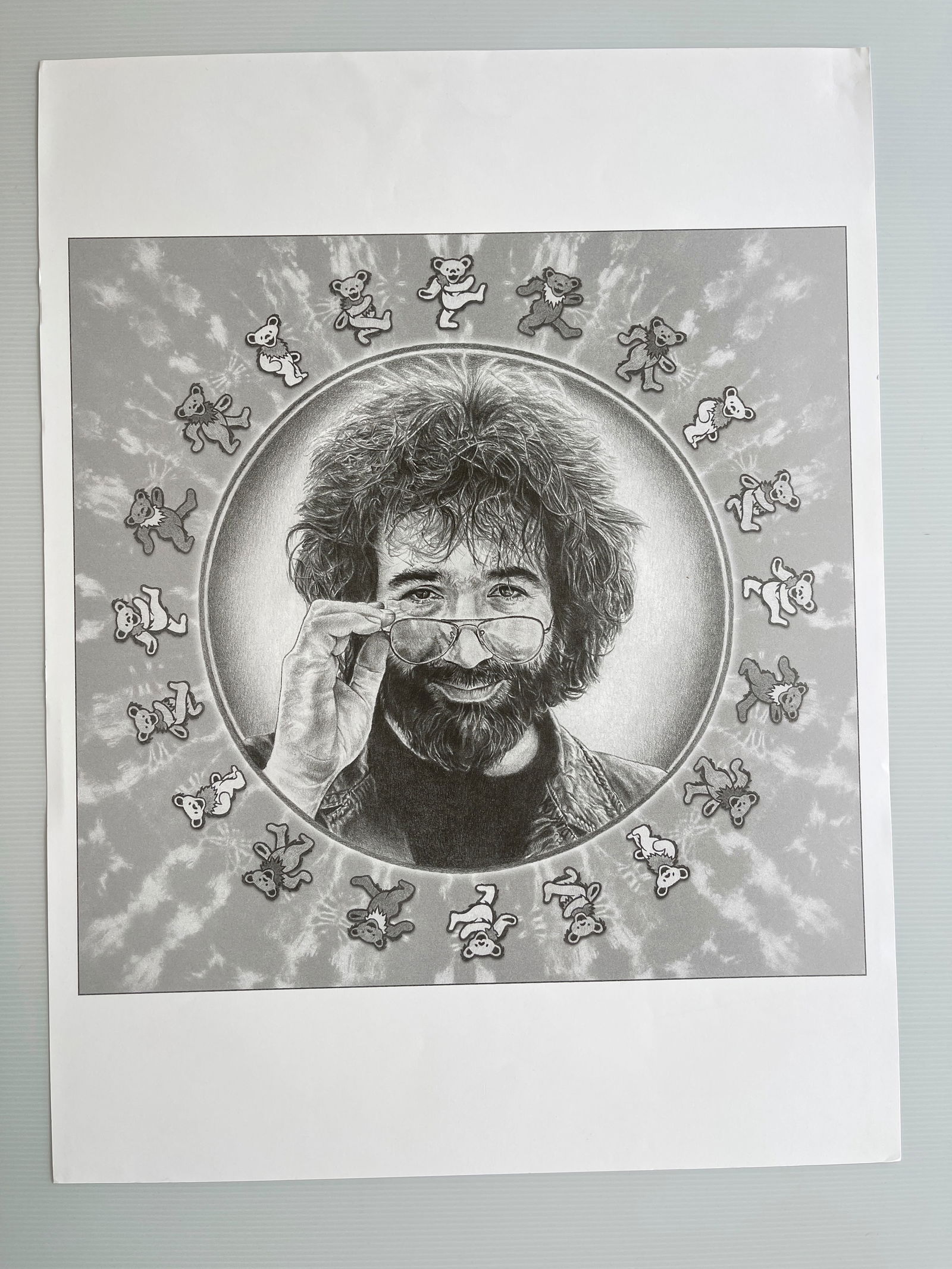 JERRY - DANCING BEARS: JERRY GARCIA DRAWING, OF A FAMOUS 1975 PHOTO TAKEN IN CENTRAL PARK NTC BY RICHARD E. AARON. PHOTO SHOOT WAS FOR GOD TIMES MAGAZINE. DRAWING UNCREDITED ON 18 X 24 HEAVY STOCK PAPER.