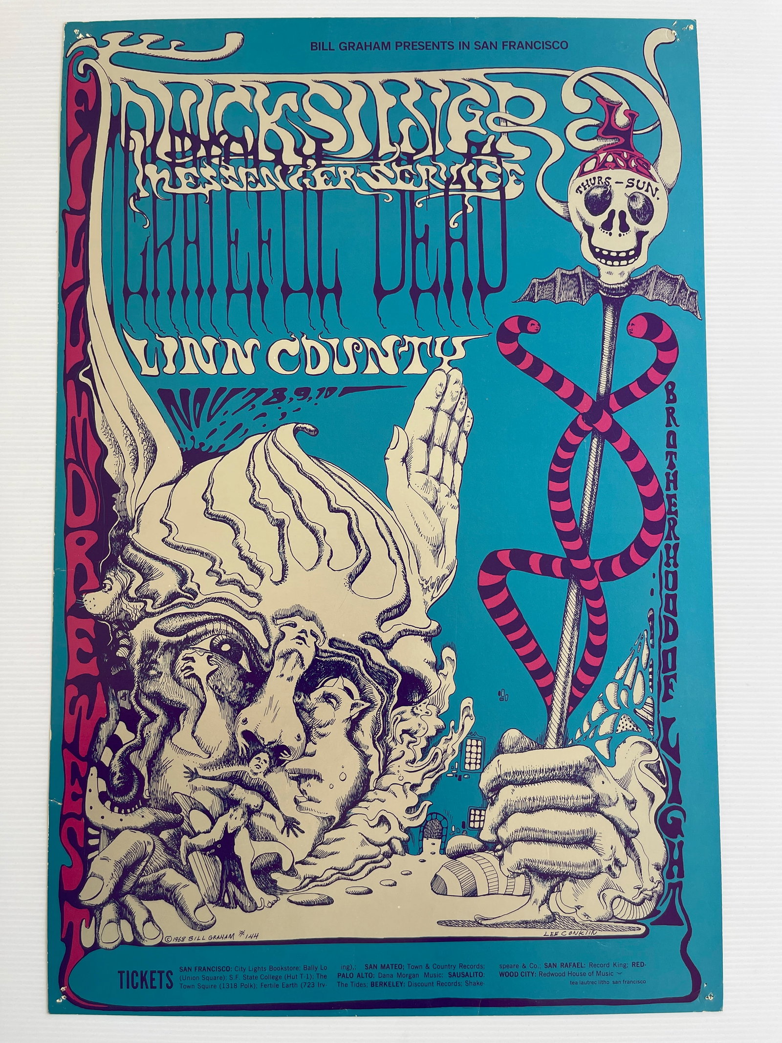 DEAD - BG144-2 AT FILLMORE WEST: DEAD - BG144-2 AT FILLMORE WEST. 2ND. ART BY LEE CONKLIN. 14 X 21. PINHOLES IN CORNER.