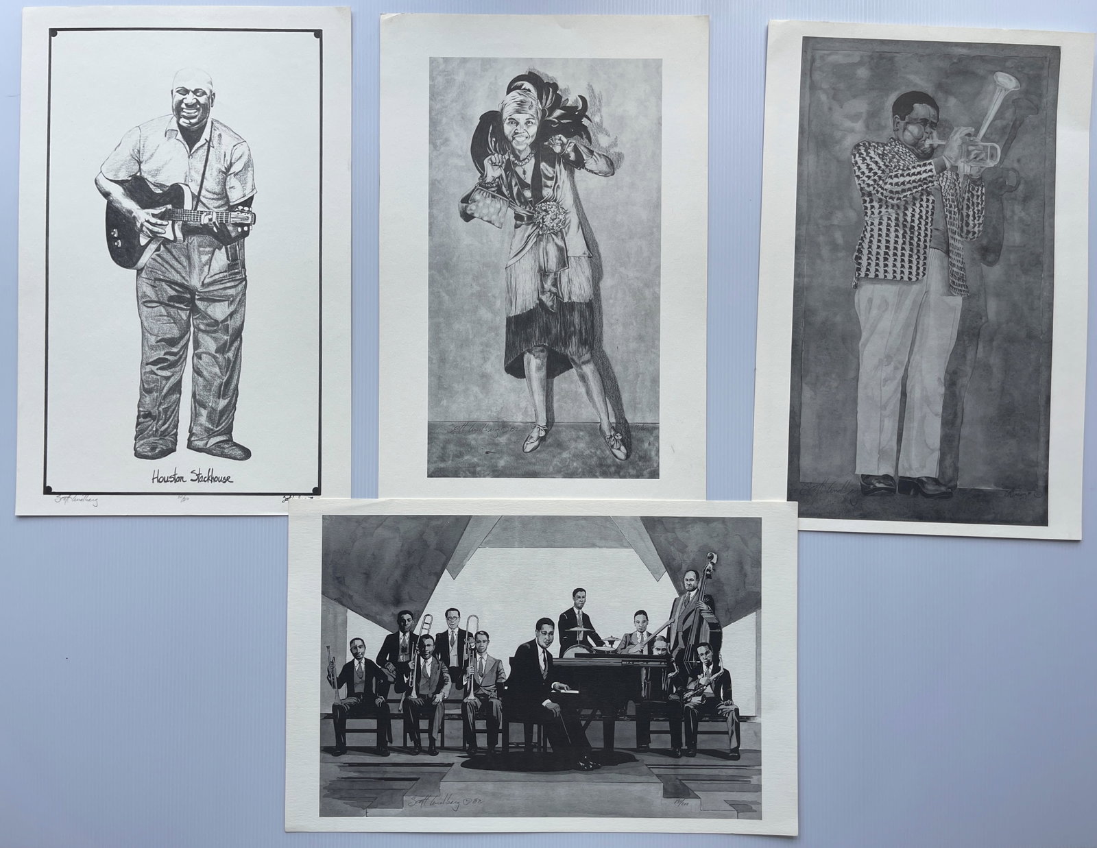 T-BONE WALKER AND 4 OTHER SIGNED / NUMBERED DRAWINGS: T-BONE WALKER AND 4 OTHER SIGNED / NUMBERED DRAWINGS BY SCOTT LINDBERG 1979 !