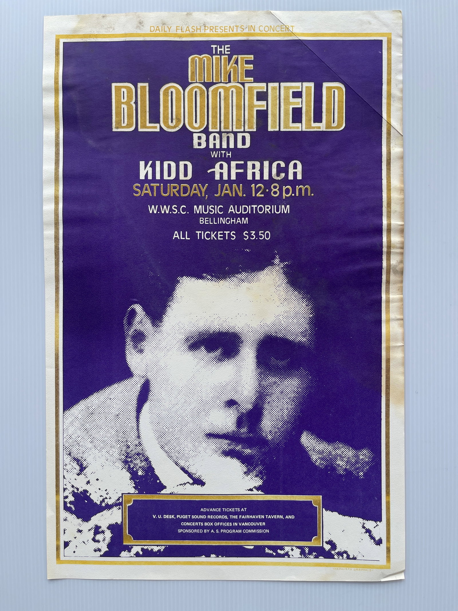 MIKE BLOOMFIELD WITH KID AFRICA HANDBILL: MIKE BLOOMFIELD WITH KID AFRICA HANDBILL. ABOUT 11 X 17. FAIR CONDITION WITH CREASING STAINING EDGEWEAR