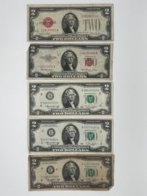 SET OF 5 TWO DOLLAR BILLS - RED SEAL