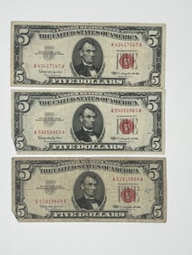 5 DOLLAR FEDERAL RESERVE NOTES - RED SEAL - TOTAL 3 ITEMS