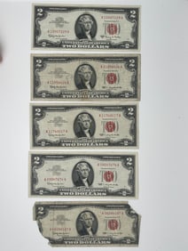 TWO DOLLAR UNITED STATES NOTES - RED SEAL 1963 - SET OF 5