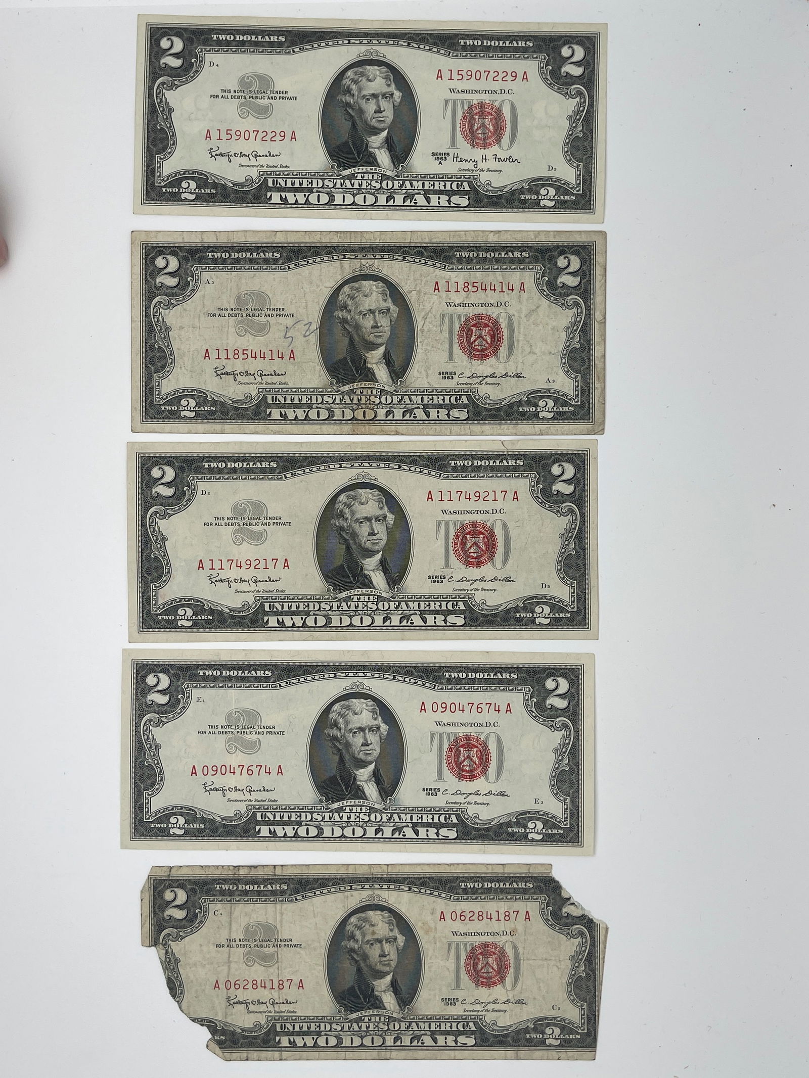 TWO DOLLAR UNITED STATES NOTES - RED SEAL 1963 - SET OF 5 (1 of 1)