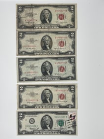 TWO DOLLAR UNITED STATES NOTES - RED SEAL 1963 - SET OF 5