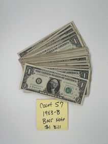 1963-B One Dollar Barr Note $1 Bill - LOT OF 57 ITEMS
